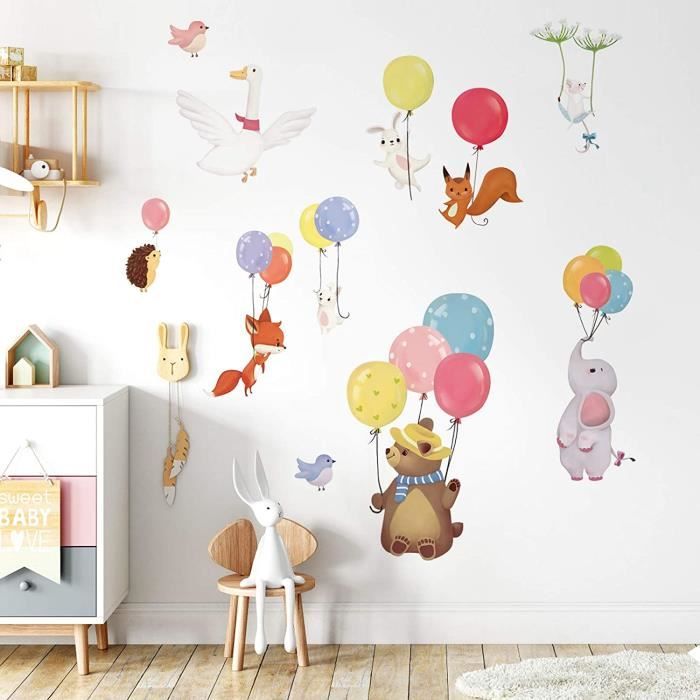 Decalmile Stickers Muraux Ballons Avec Animaux Autocollant Mural Ours Renard Elephant Decoration Murale Chambre Enfants Bebe Pep30 Cdiscount Maison