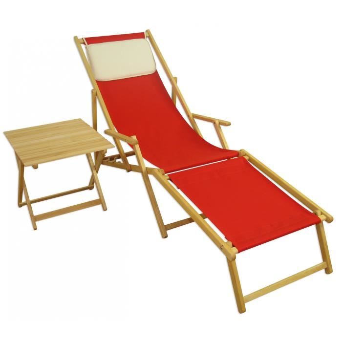 chaise longue de jardin rouge pliante, hêtre naturel, repose-pieds, table, oreiller 10-308nftkh