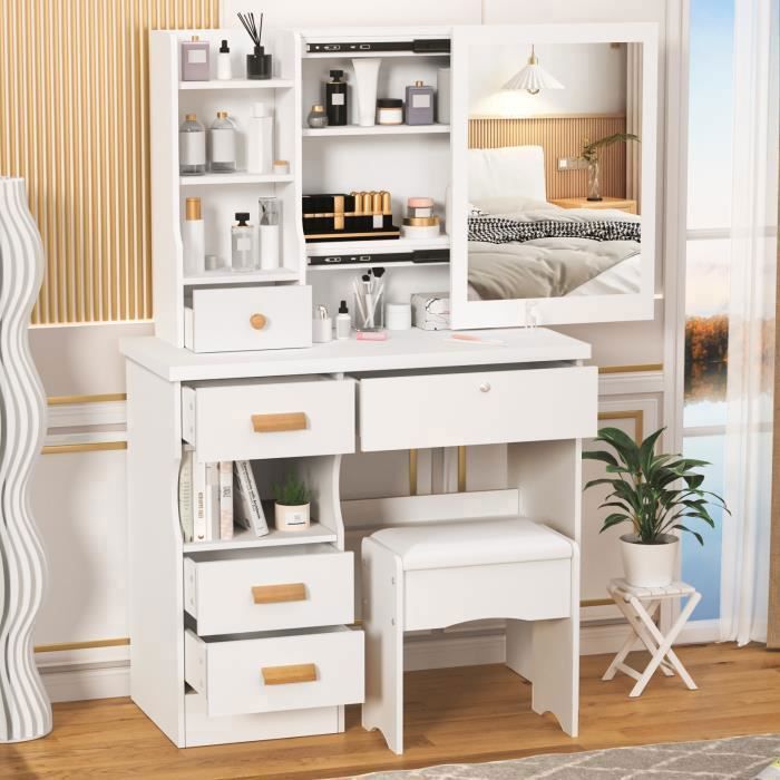 Coiffeuse - FLASIDU - 5 Tiroirs - Miroir Coulissant - Style Moderne - Blanc - 80x40x135cm
