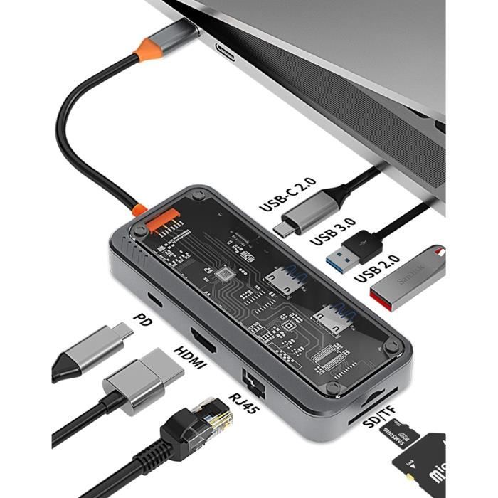 Hub USB C, Adaptateur 8 en 1,HDMI 4K, USB 2.0-3.0, Port USB-C PD 100W, Carte SD-TF, RJ45 Gigabit Ethernet - KENUOS