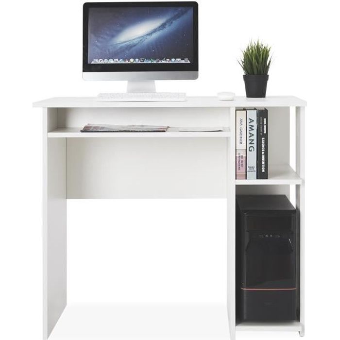 Bureau d'Ordinateur Informatique, Bureau de Poste, Pour PC, Poste de Travail avec Compartiment de Rangement, Blanc-Meeveil