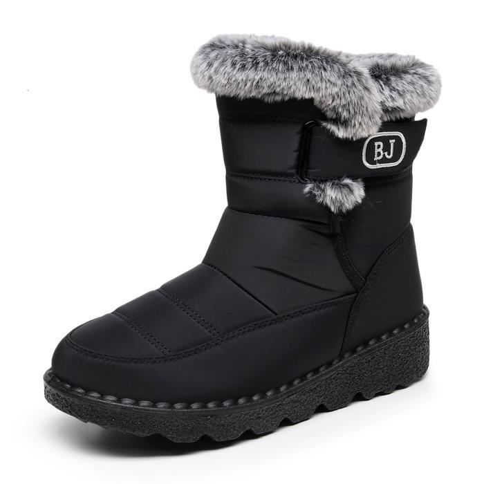 Bottes D'Hiver Femme Courtes Imperméables - Doublure Polaire, Semelle Antidérapante, Sans Lacets - Noir