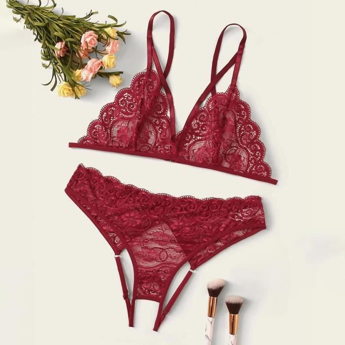 Nouvelles femmes grande taille dentelle lingerie soutien gorge string sous vetements ensemble vetements de nuit noirs Rouge Rouge bourgogne Cdiscount Pret a Porter