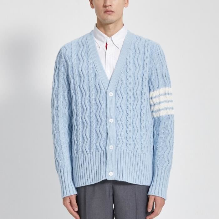 Gilet cardigan pull epais en laine merinos pour homme et femme manteau tricote torsade a rayures Cardigan a col en BLEU CIEL D Blanc Cdiscount Pret a Porter
