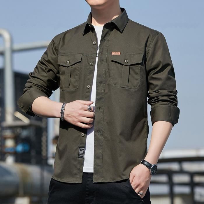 Chemise Homme Cargo en coton Col revers Manches longues Avec 2