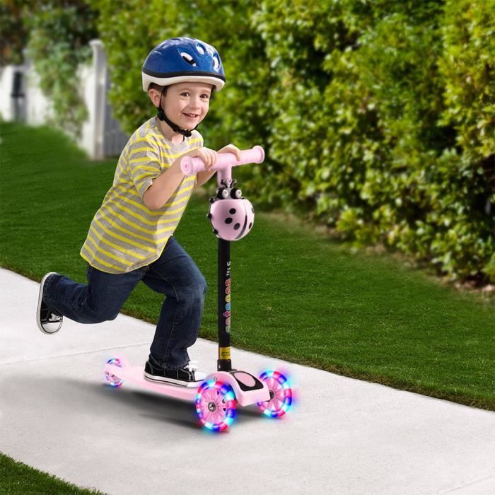 Trottinette 3 Roues Enfant +3ans 50kg Max, Socle Antidérapant, Réglable 55-70cm Roues Led Rose à Prix