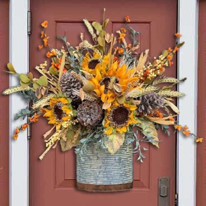 Couronne De Porte Automne 61 Cm Avec Hortensias, Feuilles Et Hibou - Déco Main Sur Base Vigne Naturelle - 12
