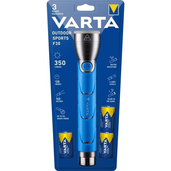 Torche-VARTA-Outdoor Sports F30-350lm-Resistante aux chocs (2m)-IPX5-Tête fluorescente-3 Piles C inc