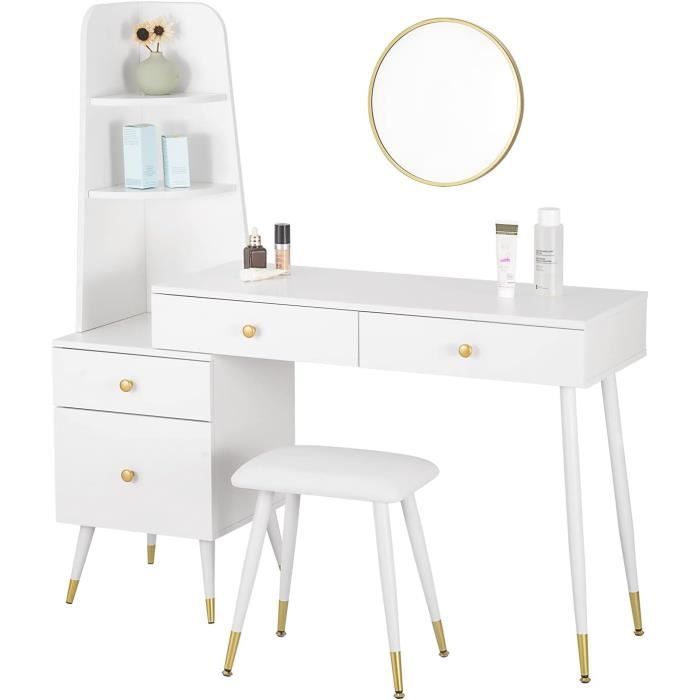 woltu coiffeuse avec tabouret miroir commode - table de maquillage moderne - table de toilette avec 4 tiroirs - blanc