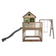 Maisonnette pour enfants avec bac à sable, balançoire et toboggan AXI Liam en bois marron, vert et gris-1