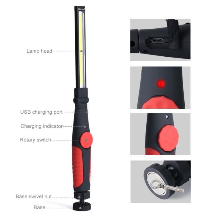 Suntop Lampe De Travail Rechargeable Lampe Atelier Cob Torche Lampe De Poche Base Magnétique 5