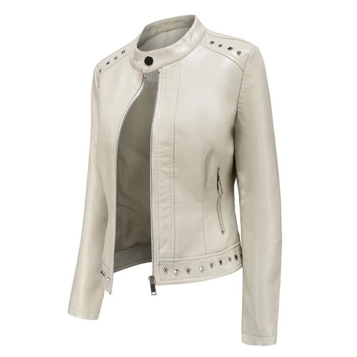 Blouson Simili Cuir Femme Printemps et Automne Veste Zippee Mi saison Col Montant Couleur Unie