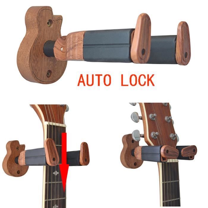 Crochet Mural Pour Guitare à Verrouillage Automatique - Support En Bois Avec Mousse Silicone, Pour Guitare, Basse, Ukulélé, Installation Facile
