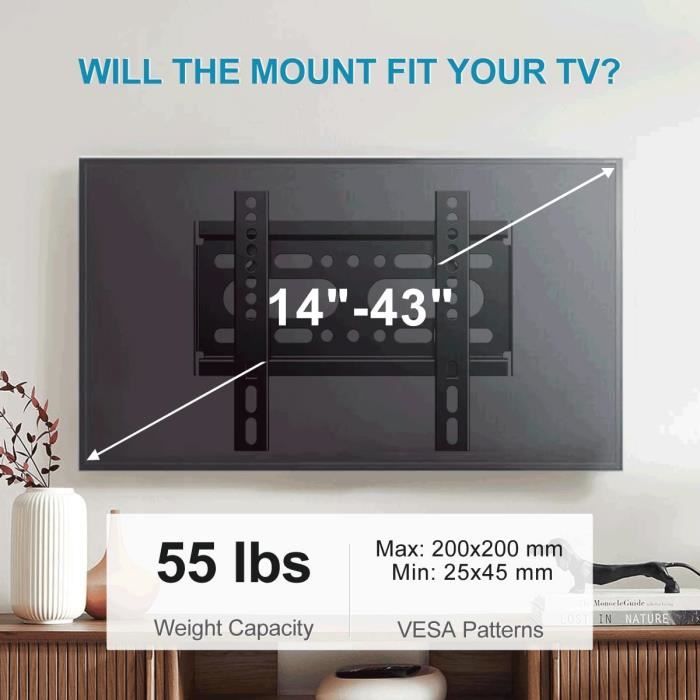 Support Mural TV PERLESMITH Pour Écrans 26 à 55 Pouces - Fixation Solide VESA 400x400 Mm Max 50 Kg