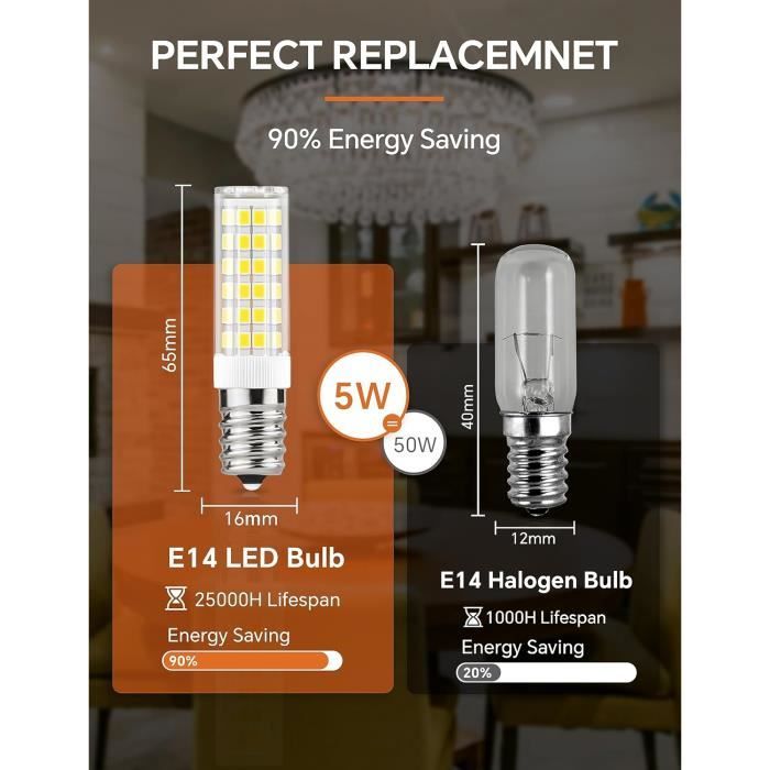 Ampoule LED E14 hotte aspirante, 5W équivalent halogène 50W, Blanc froid  6000K 550LM, Ampoule petite culot