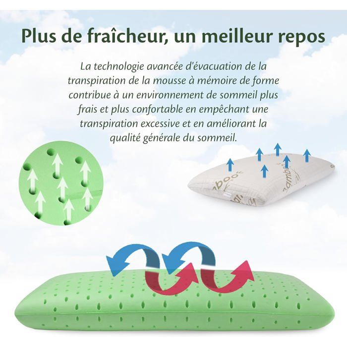 Oreiller Cervical Flowen Mémoire De Forme - Double Vague Ergonomique - Taie Bambou Hypoallergénique