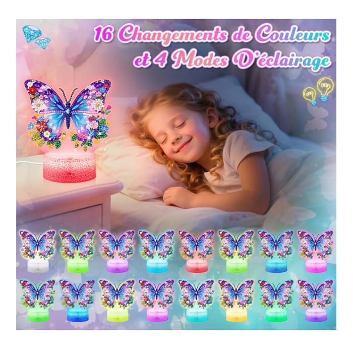 Lampe Papillon Diamond Painting – Veilleuse Enfant Avec Mosaïques – Cadeau Créatif Fille 5-12 Ans