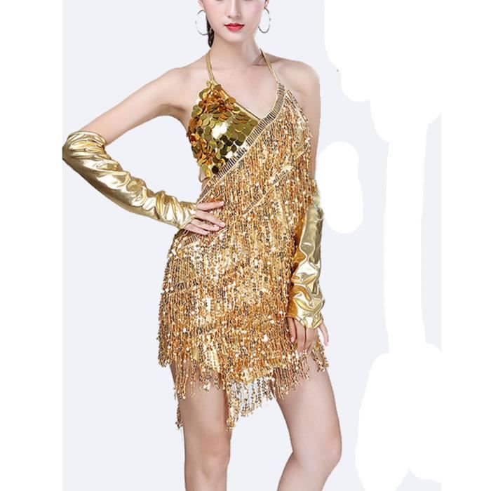 Femme Col en V Glands a Paillettes Flapper Salsa Samba Tango Robe de Danse Latine Robe a Franges Paillettes Brillant Or Or Cdiscount Pret a Porter