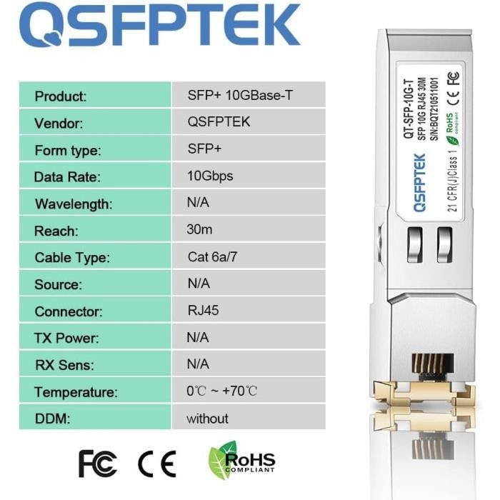 Module SFP+ RJ45 - QSFPTEK - 10GBase-T - Cuivre - Compatible Cisco et ...