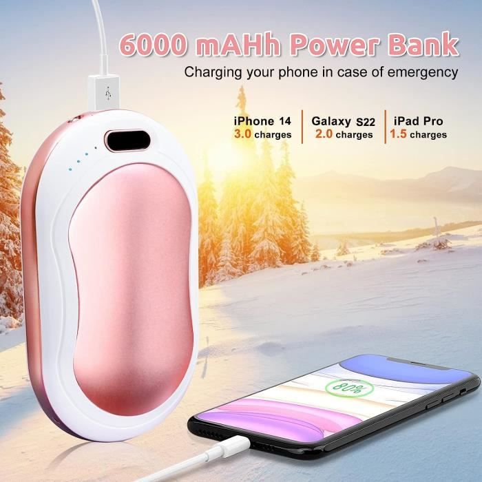 Chauffe-mains Powerbank 6000 mAh avec éclairage LED, chauffe-mains  rechargeable, chauffe-mains USB réutilisable, portable double49