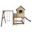 Maisonnette pour enfants avec bac à sable, balançoire et toboggan AXI Liam en bois marron, vert et gris-3