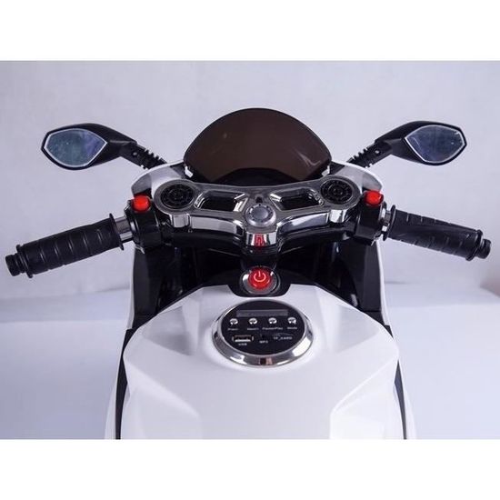 Moto Electrique 12 Volts Blanc pour enfant Siège cuir, entrée AUX