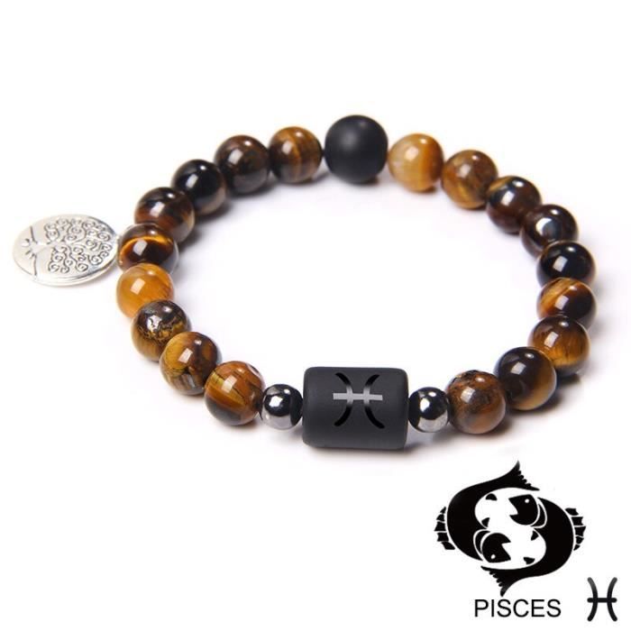 Bracelet noir étirable homme perles Onyx zodiaque signe Verseau ZB0391