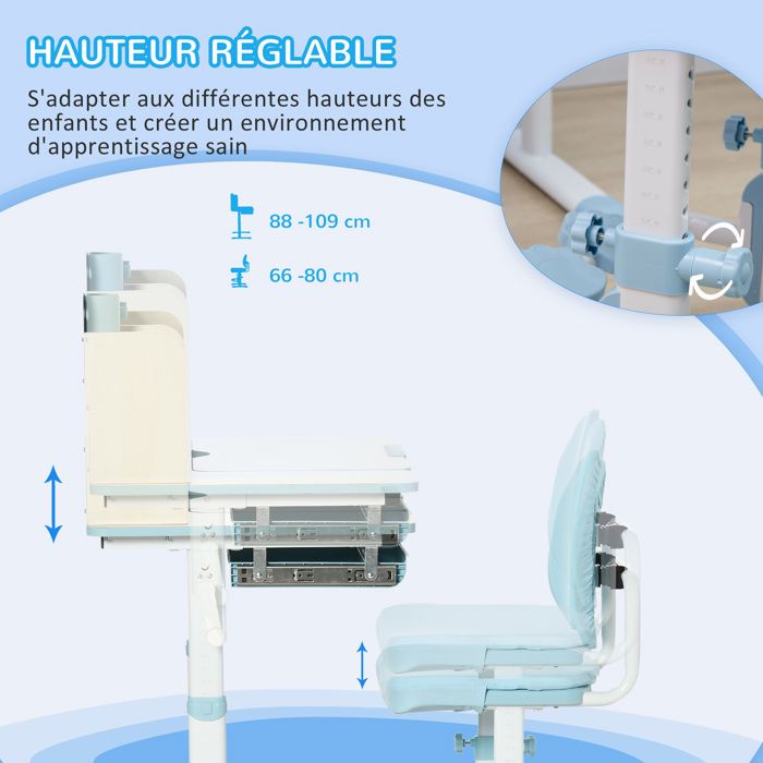 Bureau Et Chaise Réglables Pour Enfant HOMCOM - Plateau Inclinable 0-60° - Tiroir Et étagère - Bleu - 3 à 12 Ans - 2
