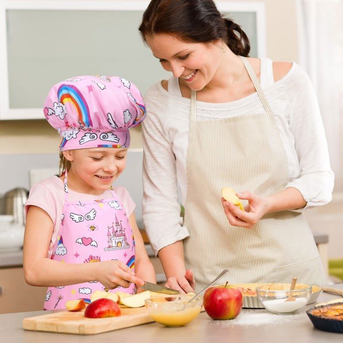 Ensemble de costume de chef de cuisine pour enfants, tablier à carreaux roses + 4 outils de cuisson jouets, tablier pour enfants, costume pour enfants, petit chef, jeu de rôle pour enfants