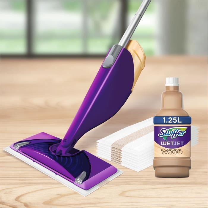 SWIFFER WetJet Wood Balai Spray Kit complet avec 5 lingettes, 1 nettoyant  Liquide, 4 piles - Cdiscount Au quotidien