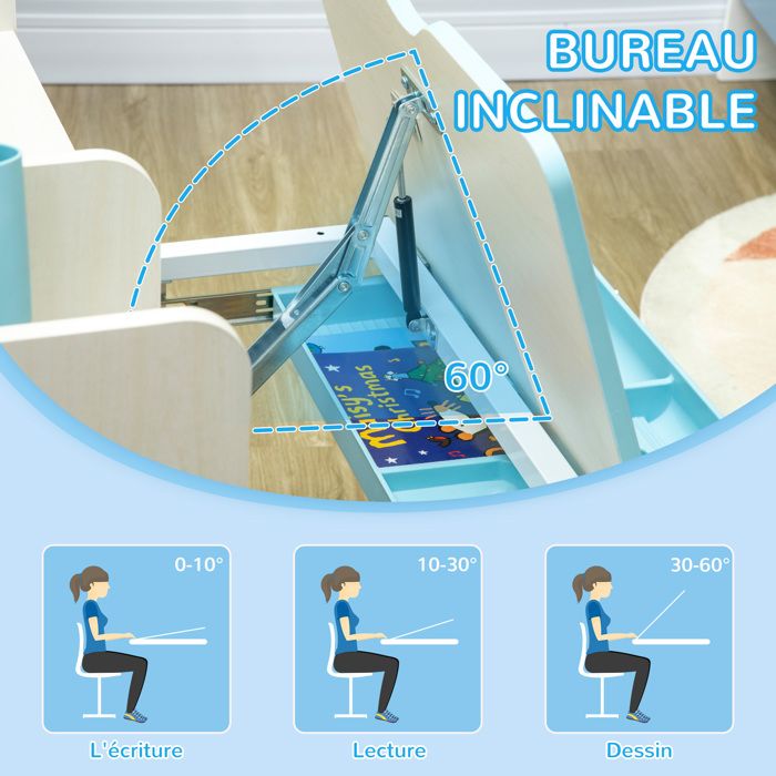 Bureau Et Chaise Réglables Pour Enfant HOMCOM - Plateau Inclinable 0-60° - Tiroir Et étagère - Bleu - 3 à 12 Ans - 6