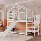 OKWISH Lit superposé 90x200 cm lit enfant avec toboggan et fenêtre, lit cabane en bois avec 1sommier, blanc (sans matelas)