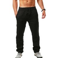 Pantalon en Lin Pour Homme Coupe Large Décontracté Léger Long Pantalons de Yoga,Noir