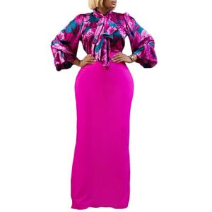 JUPE Jupe,Ensemble deux pièces pour femmes africaines, élégant, imprimé OL, nœud papillon, chemise à lacets, longue jupe - Rose Red[C7]