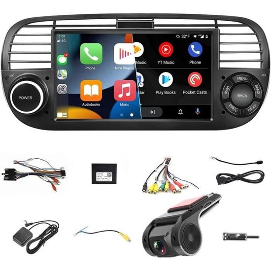 Autoradio Android 9 Pouces Pour Fiat 500 (2007-2015) - Android 13, 4+128Go, CarPlay Sans Fil, GPS, Caméra De Recul