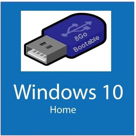 Clé USB Bootable Windows 10 avec clé d'activation version famille 8Go