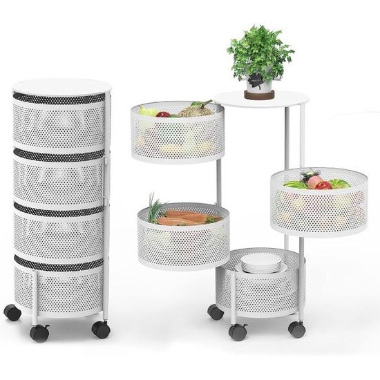 Chariot De Rangement Cuisine 5 Couches Rotatif Sur Roulettes - Panier à Fruits Et Légumes En Fil Métallique Avec Couvercle