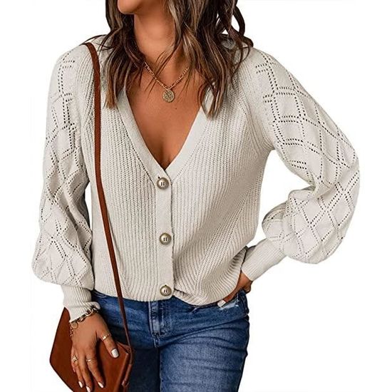 Femme Cardigan Col V Gilet Bouton Manches Longues Gilets en Tricot Chandail Bouton Haut Top