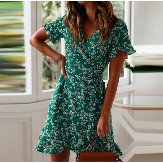 Robe de Plage Femme Ete Fleurie Portefeuille vert Robe florale en mousseline de soie imprimee a col en V et taille haute Vert Cdiscount Pret a Porter