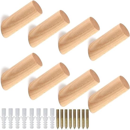 Lot De 6 Crochets Muraux En Bois Adhésifs - Patère Sans Perçage, Support Jusqu'à 10kg, Style Naturel