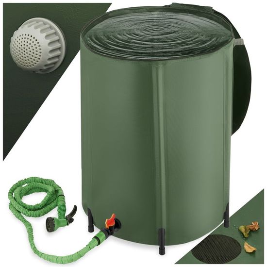 TECTAKE Tonneau Récupérateur d'eau de pluie avec Robinet et protection anti-débordement Haut amovible - Vert