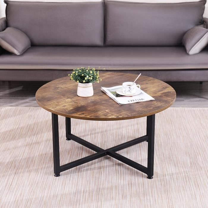 AKALNNY Table Basse Ronde, Table de Salon Style Industriel, Cadre Métallique Durable pour Salon Chambre-Couleur bois vintage