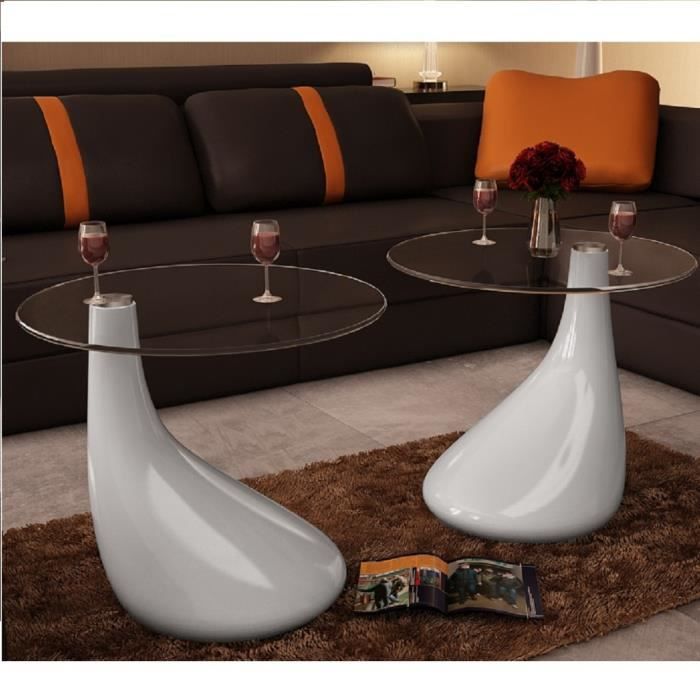 P140 Lot de 2 tables basses de salon en verre blanche brillante