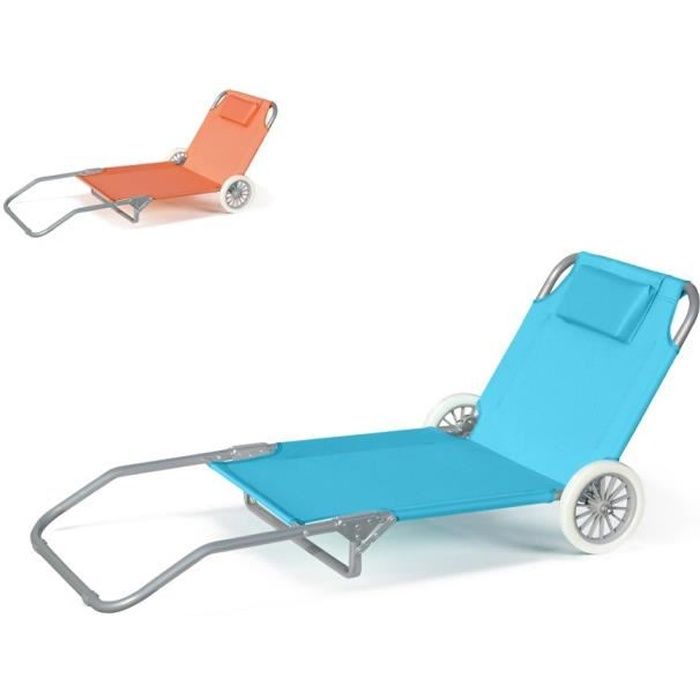 Lit de plage pliant bain de soleil transat piscine portable roues BANANA - Couleur:Turquoise