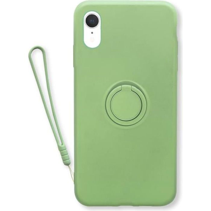 Coque pour iPhone XR silicone liquide vert ring et dragonne