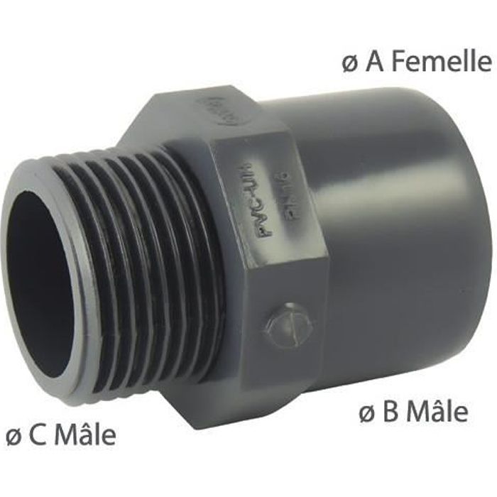 Adaptateur male / femelle ou male / male en PVC mixte à visser et à coller - 32mm x 40mm x 1''1/4