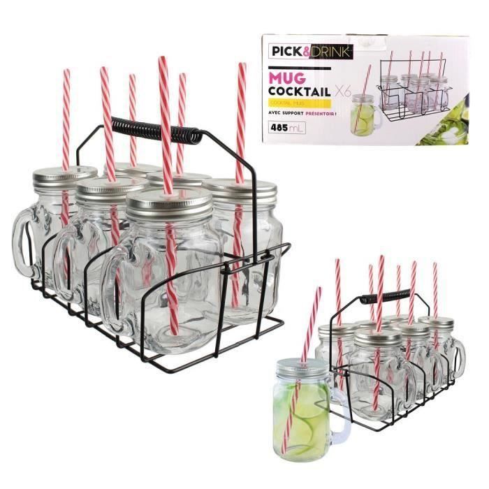 Set 6 Mug Cocktail 485ml avec Support Présentoir et 6 Pailles - Apéro Mojito - 771
