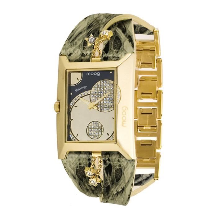 Montre Femme Moog Paris Intimacy avec Cadran Champagne, Eléments Swarovski, Bracelet Vert en Cuir Véritable - M44952-008