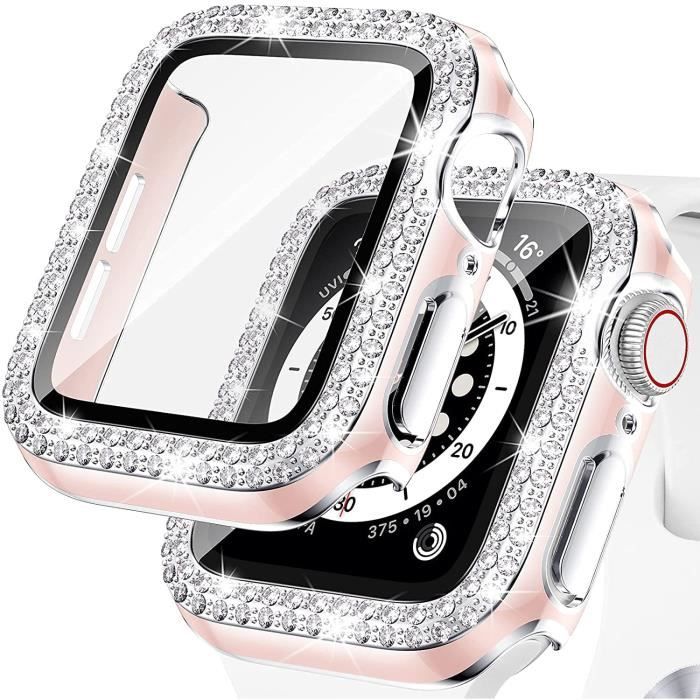 pour Apple Watch Coque 40mm Série 6/SE/5/4, Bling Crystal Double Diamond Thin Bumper Full Cover Housse de Protection-Rose