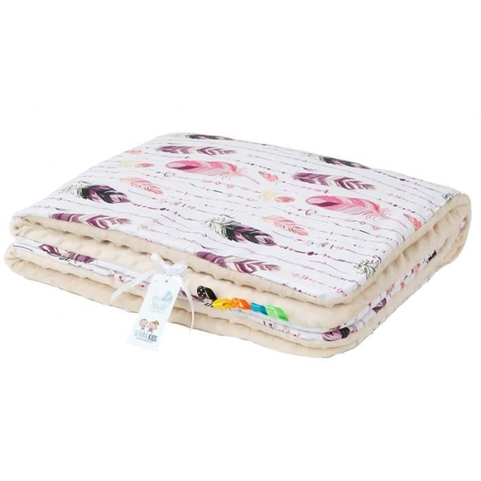 Couverture plaid bébé - douceur extrême - double face Minky 135x100 cm - Plumes Beige